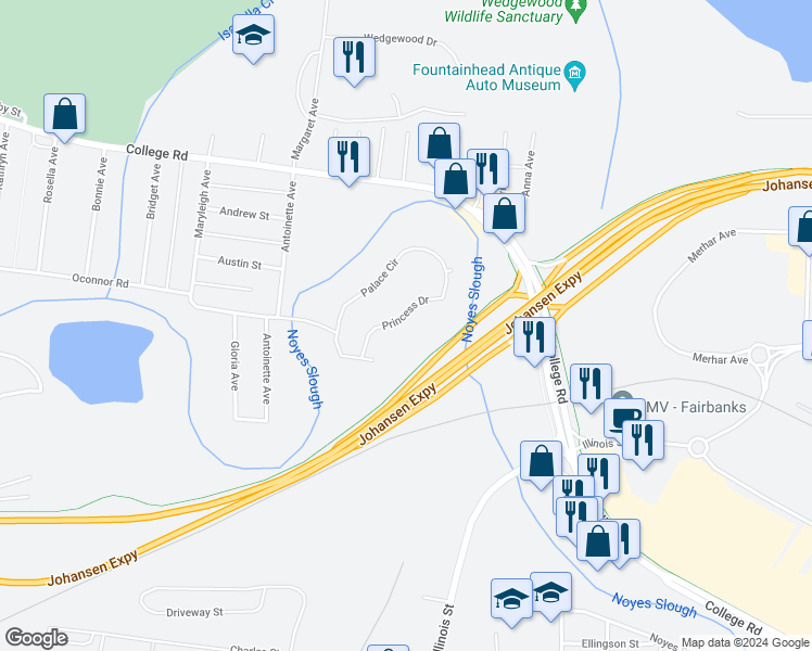 map of restaurants, bars, coffee shops, grocery stores, and more near 215 Princess Drive in Fairbanks