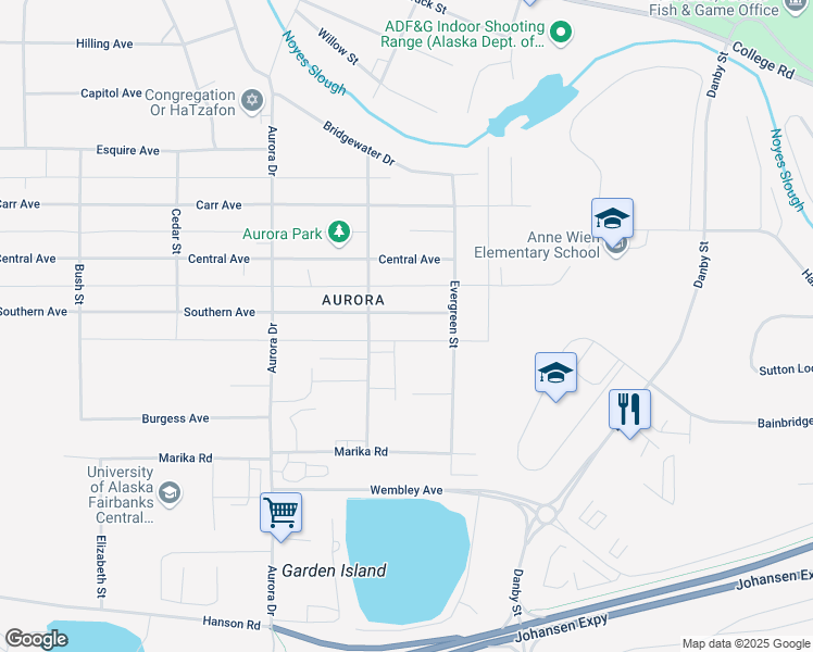map of restaurants, bars, coffee shops, grocery stores, and more near 1608 Southern Avenue in Fairbanks
