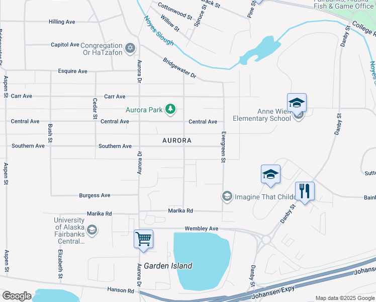 map of restaurants, bars, coffee shops, grocery stores, and more near 1615 Southern Avenue in Fairbanks