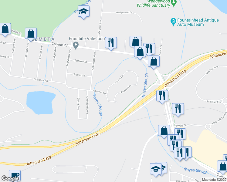 map of restaurants, bars, coffee shops, grocery stores, and more near 164 Palace Circle in Fairbanks