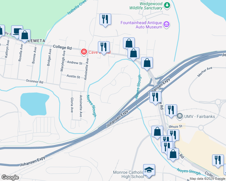 map of restaurants, bars, coffee shops, grocery stores, and more near 164 Palace Circle in Fairbanks