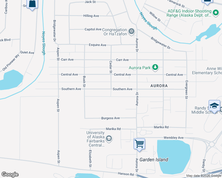 map of restaurants, bars, coffee shops, grocery stores, and more near 1398 Cedar Street in Fairbanks
