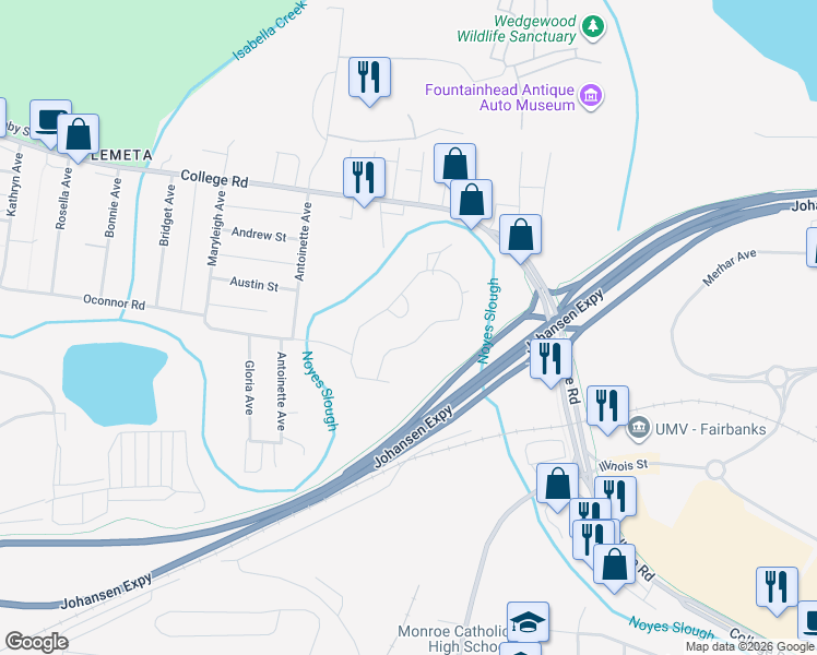 map of restaurants, bars, coffee shops, grocery stores, and more near 168 Palace Circle in Fairbanks