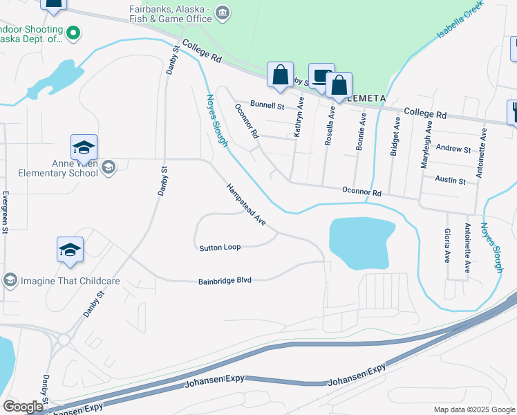map of restaurants, bars, coffee shops, grocery stores, and more near 1400 Hampstead Avenue in Fairbanks