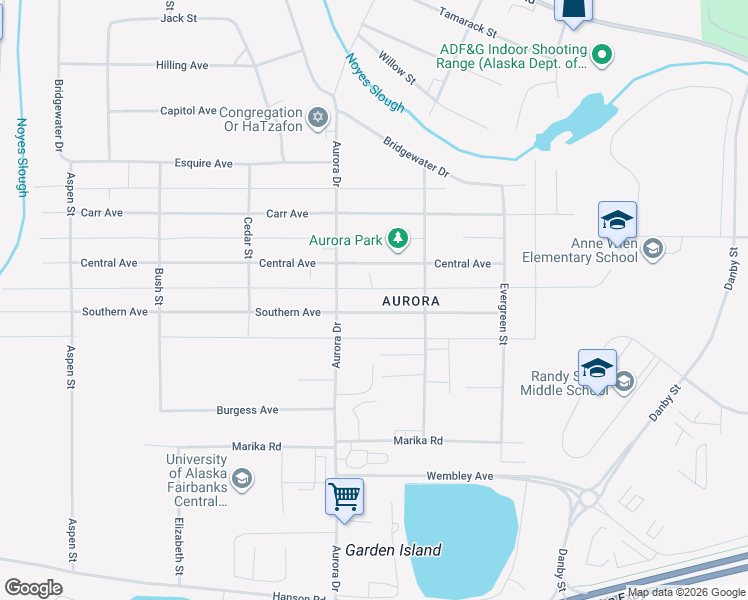 map of restaurants, bars, coffee shops, grocery stores, and more near 1710 Southern Ave in Fairbanks