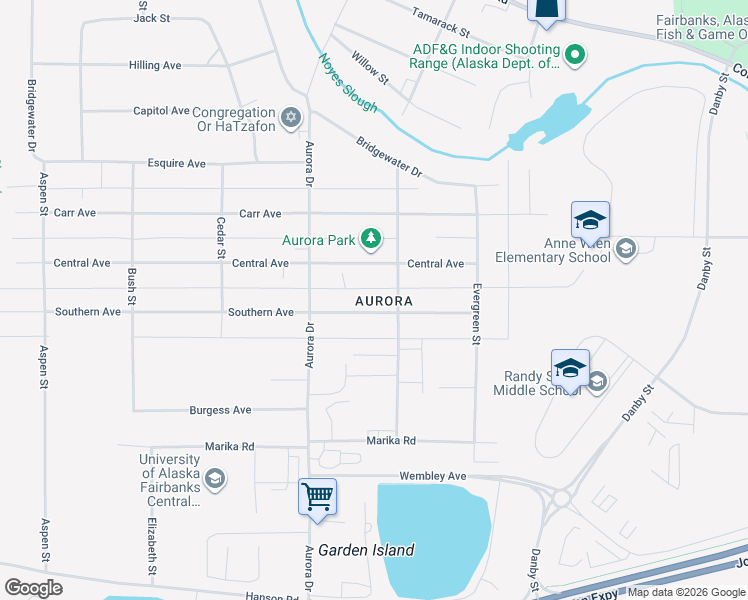 map of restaurants, bars, coffee shops, grocery stores, and more near 1706 Southern Avenue in Fairbanks
