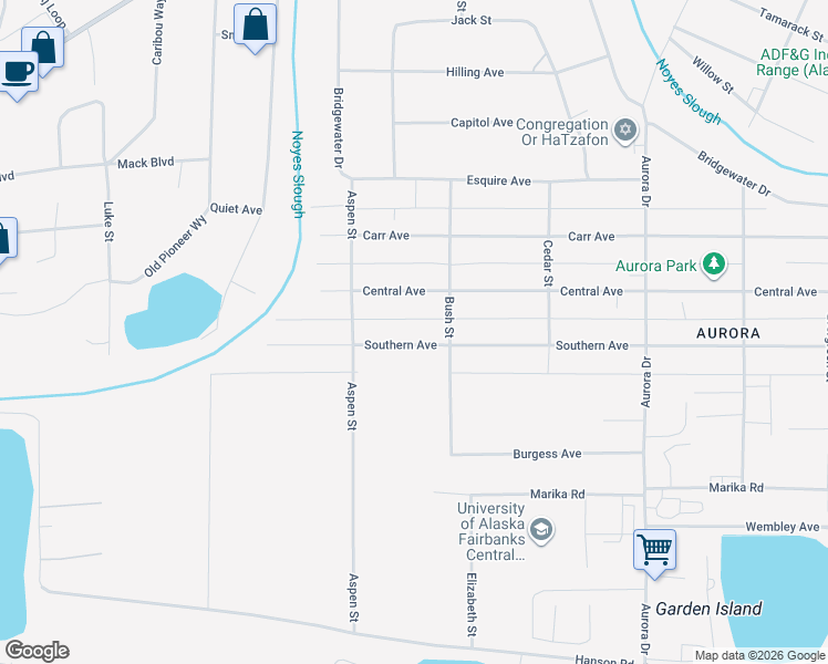 map of restaurants, bars, coffee shops, grocery stores, and more near 2008 Southern Avenue in Fairbanks