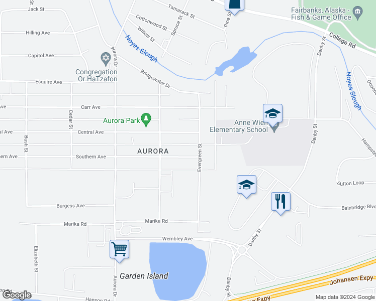 map of restaurants, bars, coffee shops, grocery stores, and more near 1606 Southern Avenue in Fairbanks