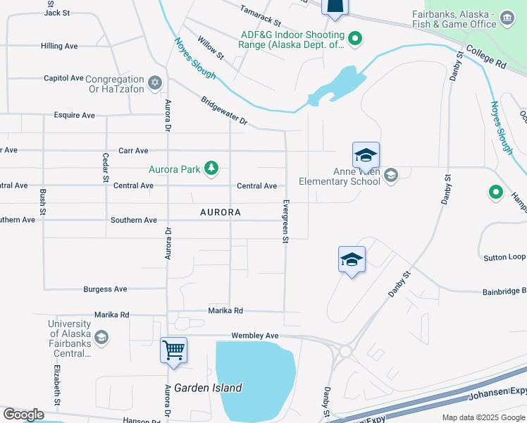map of restaurants, bars, coffee shops, grocery stores, and more near 1608 Southern Avenue in Fairbanks