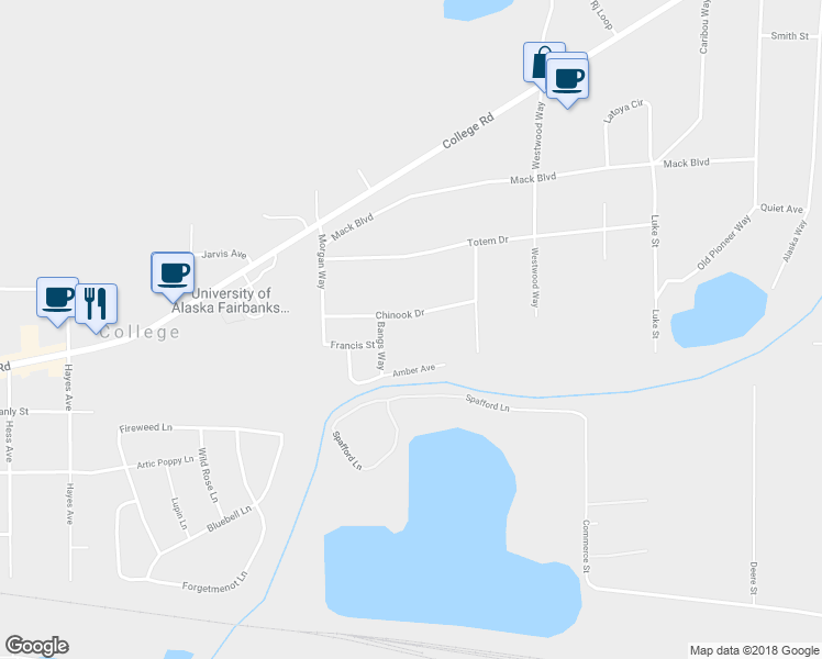 map of restaurants, bars, coffee shops, grocery stores, and more near 3085 Chinook Drive in Fairbanks