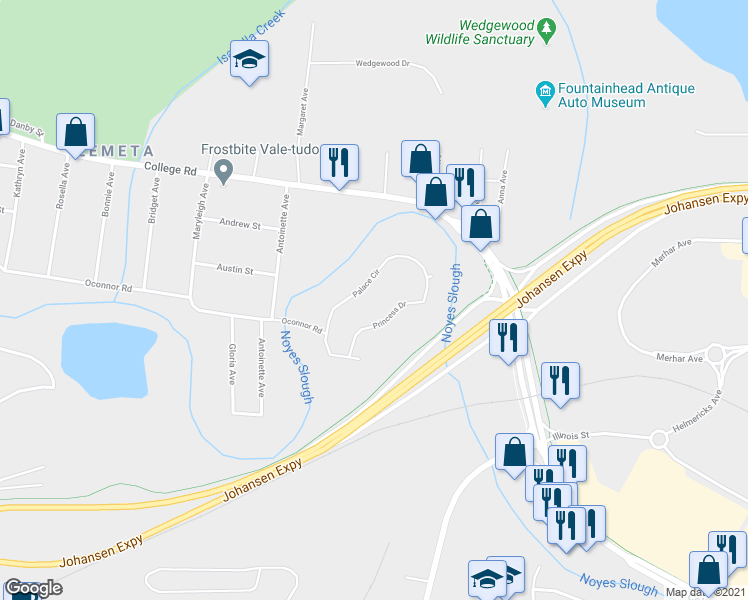 map of restaurants, bars, coffee shops, grocery stores, and more near 164 Palace Circle in Fairbanks