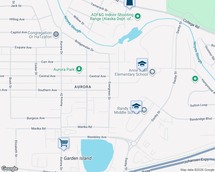map of restaurants, bars, coffee shops, grocery stores, and more near 1510 Evergreen Street in Fairbanks