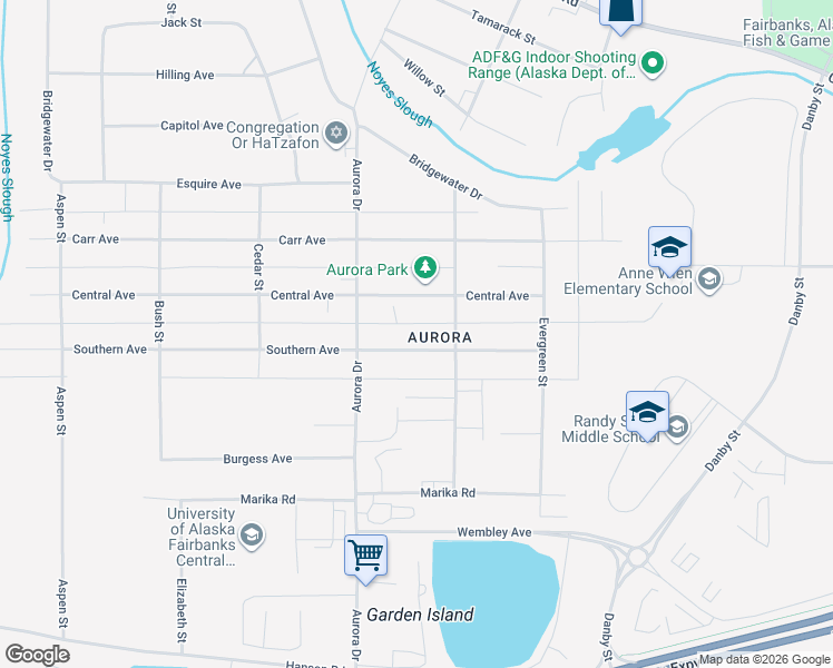 map of restaurants, bars, coffee shops, grocery stores, and more near 1706 Southern Avenue in Fairbanks