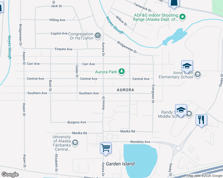 map of restaurants, bars, coffee shops, grocery stores, and more near 1710 Southern Avenue in Fairbanks
