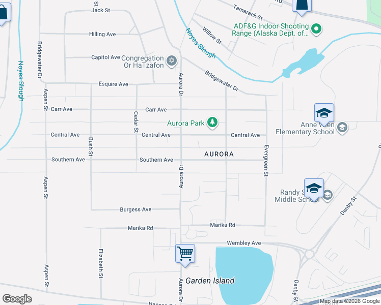 map of restaurants, bars, coffee shops, grocery stores, and more near 1710 Southern Avenue in Fairbanks