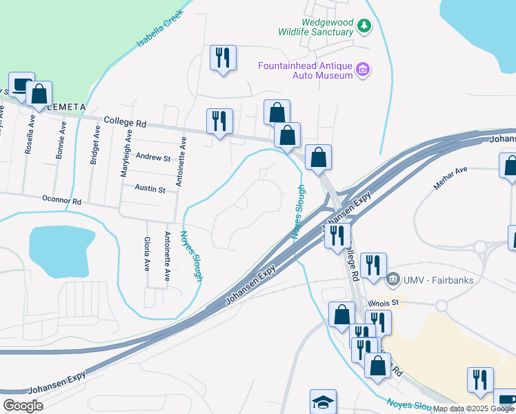 map of restaurants, bars, coffee shops, grocery stores, and more near 208 Palace Circle in Fairbanks
