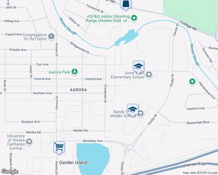 map of restaurants, bars, coffee shops, grocery stores, and more near 1510 Evergreen Street in Fairbanks