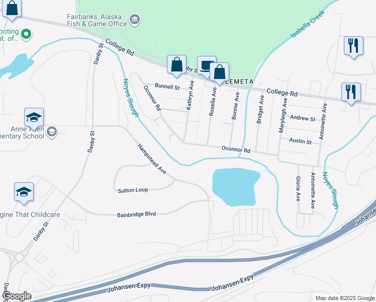 map of restaurants, bars, coffee shops, grocery stores, and more near 1111 Oconnor Road in Fairbanks