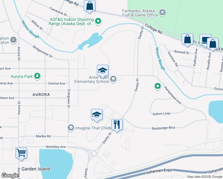 map of restaurants, bars, coffee shops, grocery stores, and more near 1501 Hampstead Avenue in Fairbanks