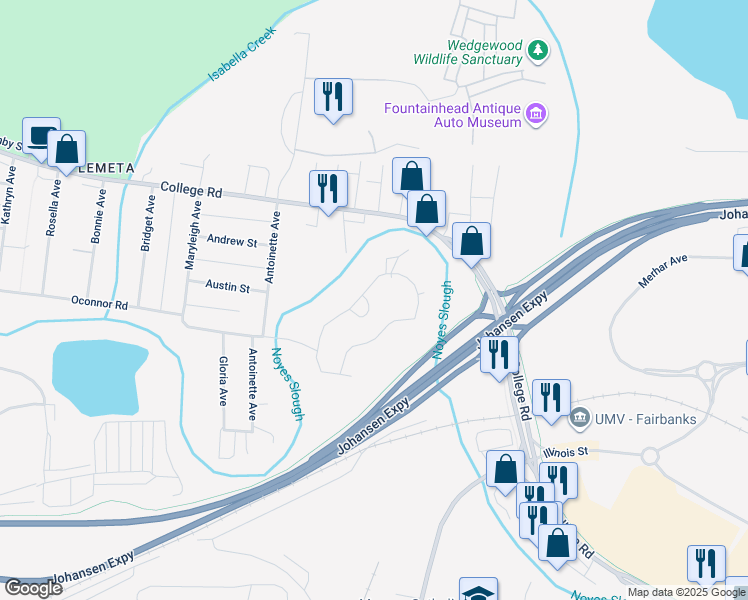 map of restaurants, bars, coffee shops, grocery stores, and more near 208 Palace Circle in Fairbanks