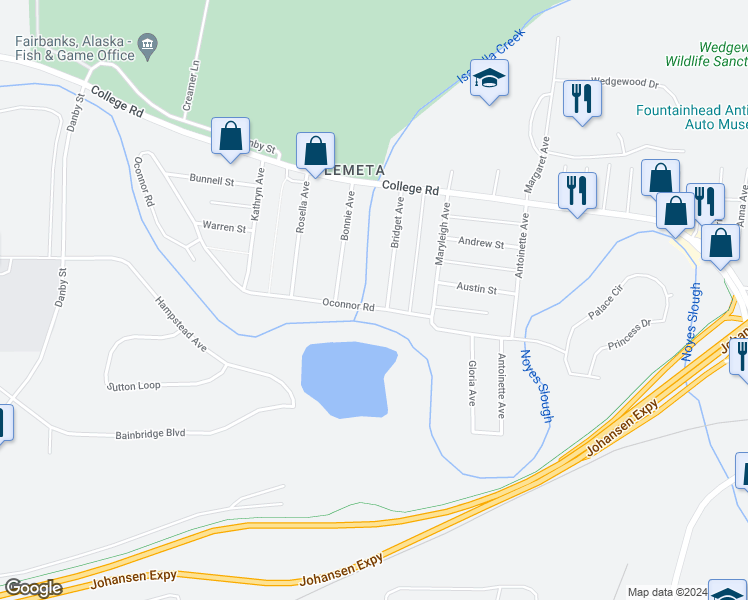 map of restaurants, bars, coffee shops, grocery stores, and more near 214 Bridget Avenue in Fairbanks