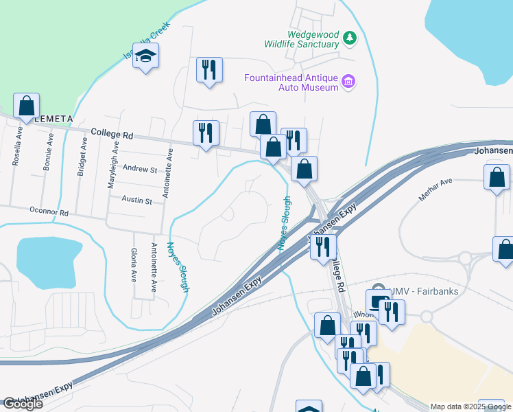 map of restaurants, bars, coffee shops, grocery stores, and more near 208 Palace Circle in Fairbanks