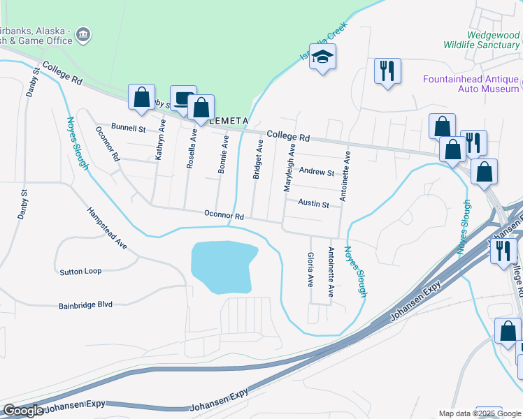 map of restaurants, bars, coffee shops, grocery stores, and more near 915 Oconnor Road in Fairbanks