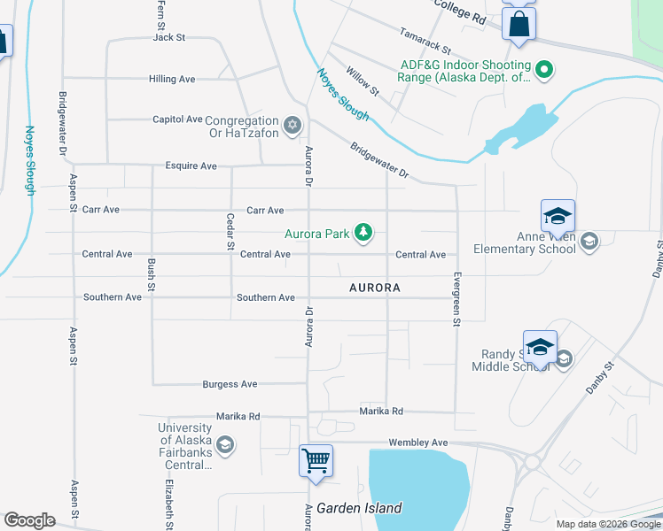 map of restaurants, bars, coffee shops, grocery stores, and more near 1710 Southern Avenue in Fairbanks