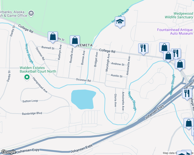 map of restaurants, bars, coffee shops, grocery stores, and more near 209 Bridget Avenue in Fairbanks