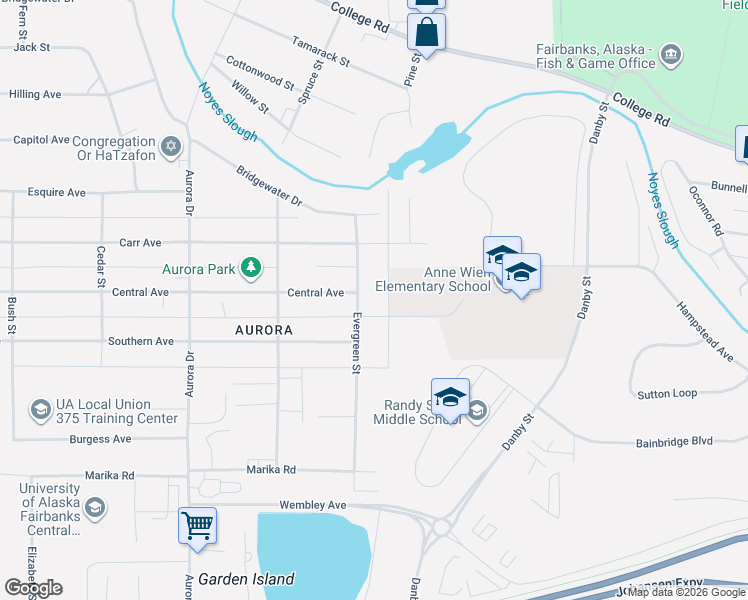 map of restaurants, bars, coffee shops, grocery stores, and more near 1510 Evergreen Street in Fairbanks