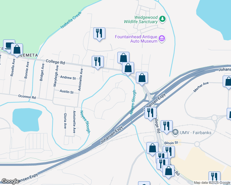 map of restaurants, bars, coffee shops, grocery stores, and more near 208 Palace Circle in Fairbanks