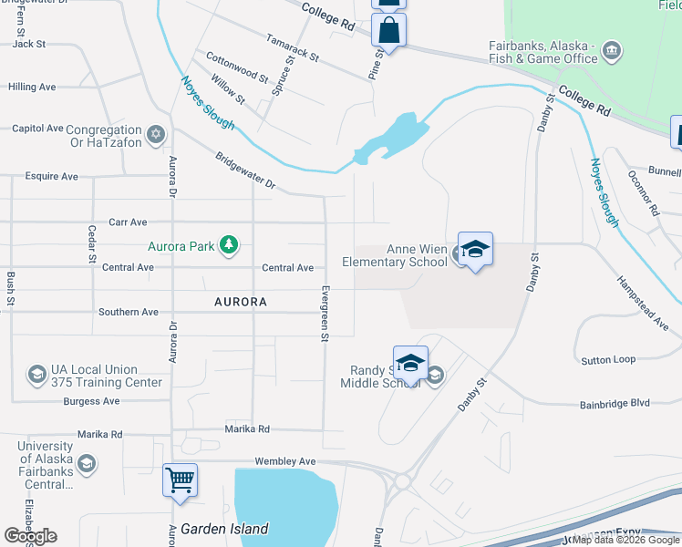 map of restaurants, bars, coffee shops, grocery stores, and more near 1510 Evergreen Street in Fairbanks