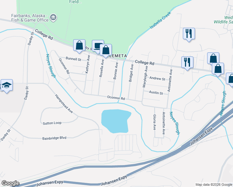 map of restaurants, bars, coffee shops, grocery stores, and more near 1003 Oconnor Road in Fairbanks