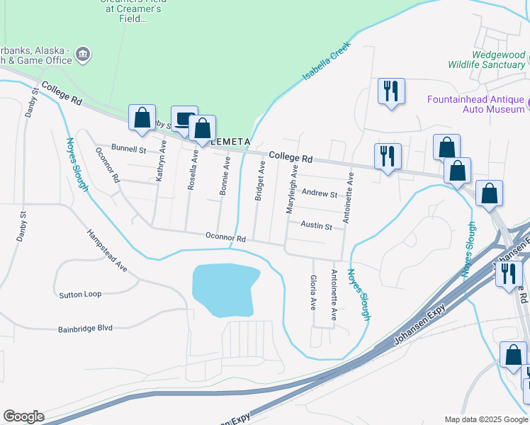 map of restaurants, bars, coffee shops, grocery stores, and more near 109 Bridget Avenue in Fairbanks