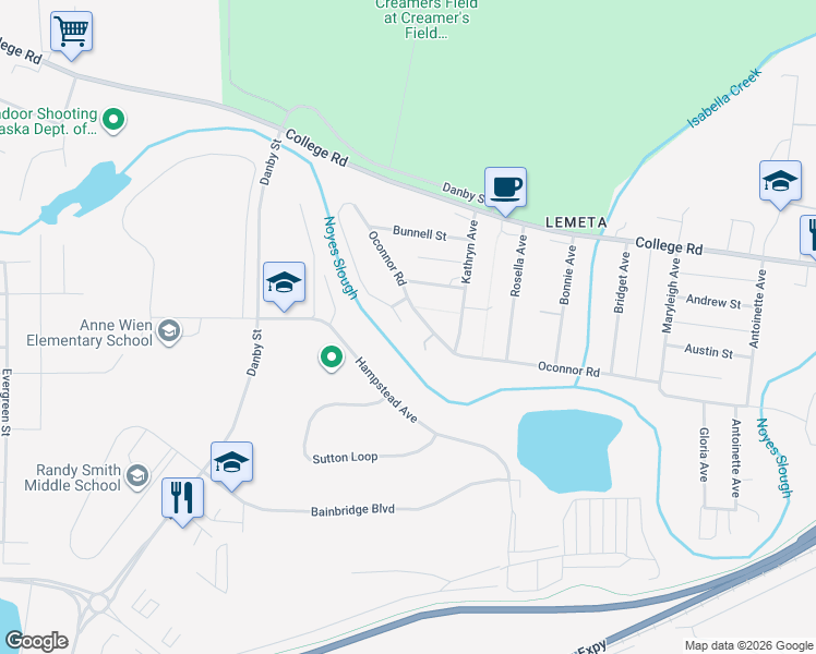 map of restaurants, bars, coffee shops, grocery stores, and more near 1221 Oconnor Road in Fairbanks