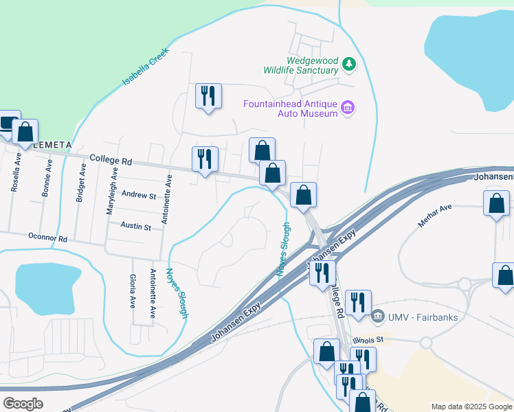 map of restaurants, bars, coffee shops, grocery stores, and more near 197 Palace Circle in Fairbanks