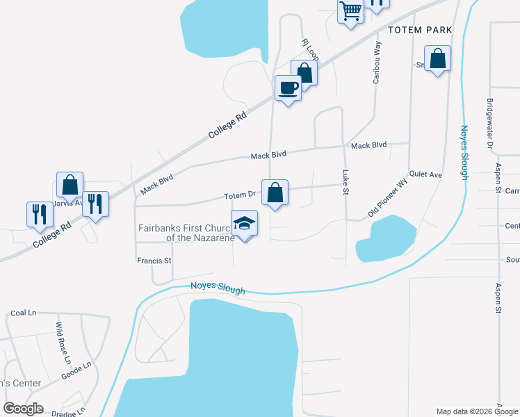 map of restaurants, bars, coffee shops, grocery stores, and more near 1560 Westwood Way in Fairbanks