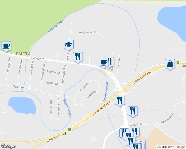 map of restaurants, bars, coffee shops, grocery stores, and more near 197 Palace Circle in Fairbanks