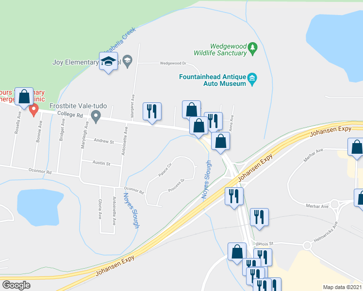 map of restaurants, bars, coffee shops, grocery stores, and more near 197 Palace Circle in Fairbanks