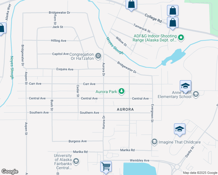 map of restaurants, bars, coffee shops, grocery stores, and more near 1711 Carr Avenue in Fairbanks
