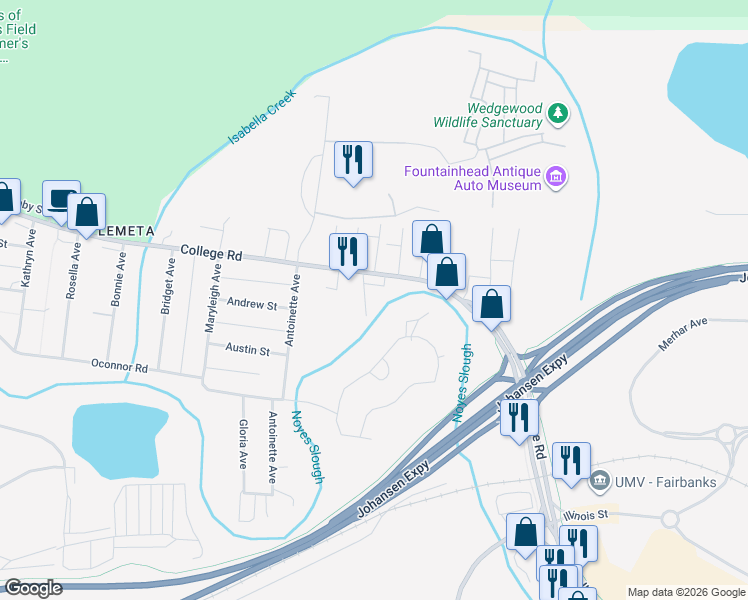 map of restaurants, bars, coffee shops, grocery stores, and more near 609 College Road in Fairbanks