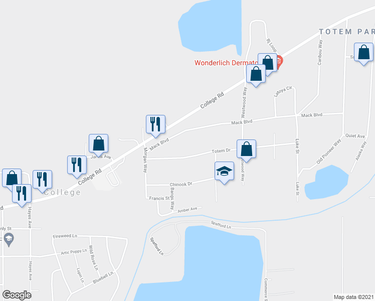 map of restaurants, bars, coffee shops, grocery stores, and more near 3090 Totem Drive in Fairbanks