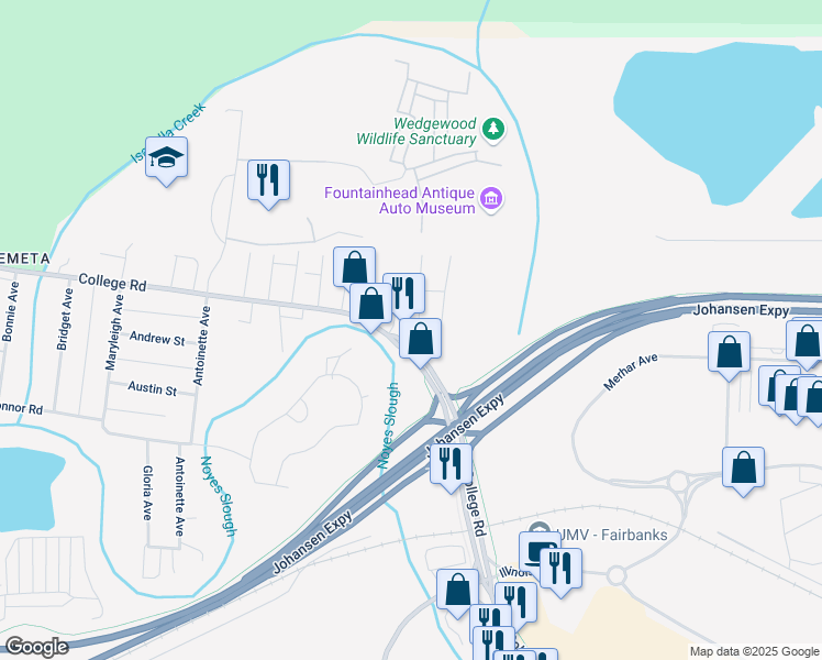 map of restaurants, bars, coffee shops, grocery stores, and more near 400 College Road in Fairbanks