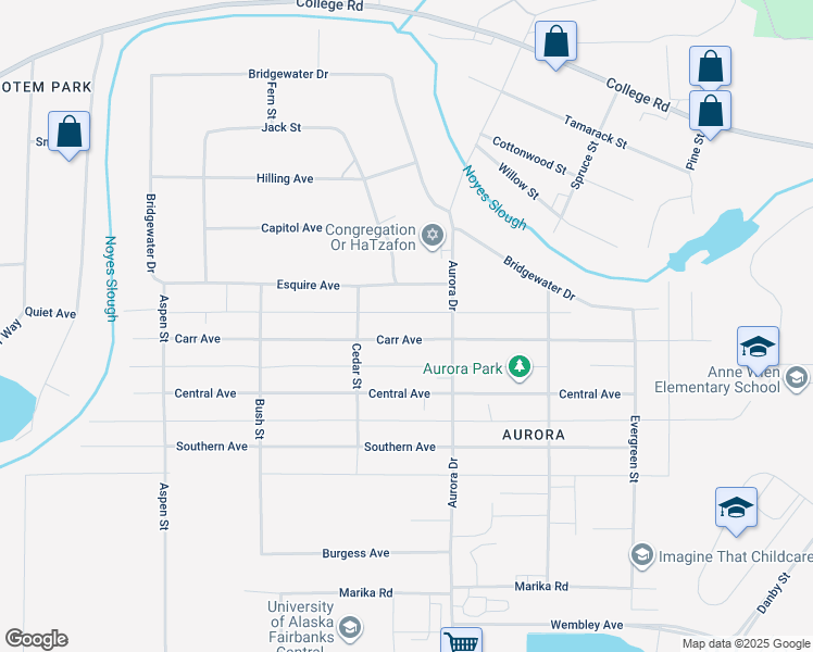 map of restaurants, bars, coffee shops, grocery stores, and more near 1810 Carr Avenue in Fairbanks