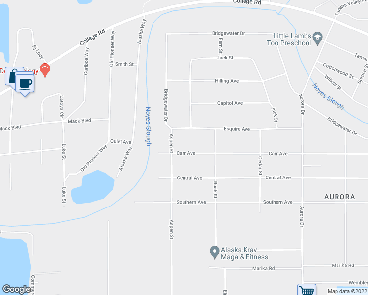 map of restaurants, bars, coffee shops, grocery stores, and more near 2014 Carr Avenue in Fairbanks