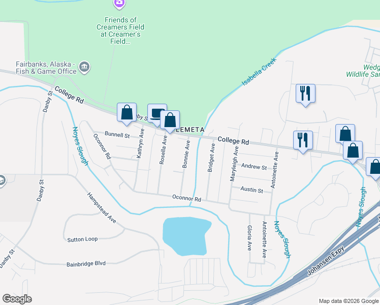 map of restaurants, bars, coffee shops, grocery stores, and more near 108 Bridget Avenue in Fairbanks