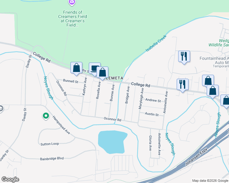 map of restaurants, bars, coffee shops, grocery stores, and more near 108 Bridget Avenue in Fairbanks