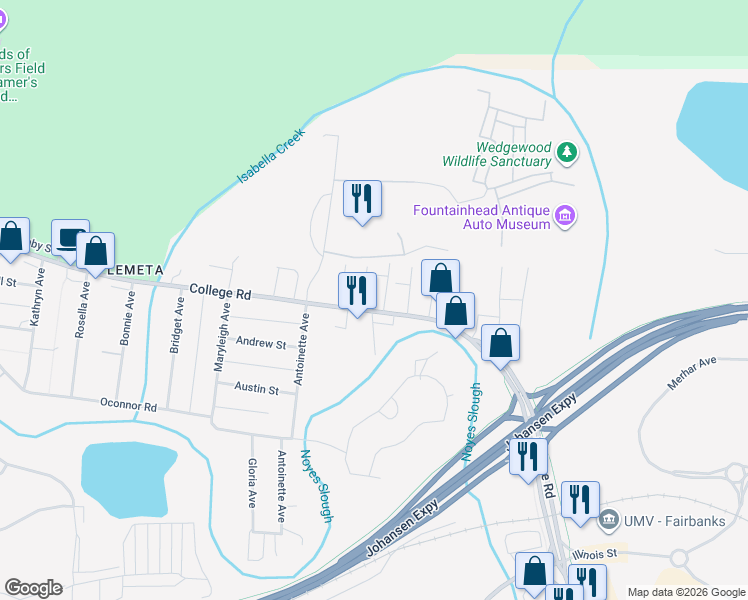 map of restaurants, bars, coffee shops, grocery stores, and more near 609 College Road in Fairbanks