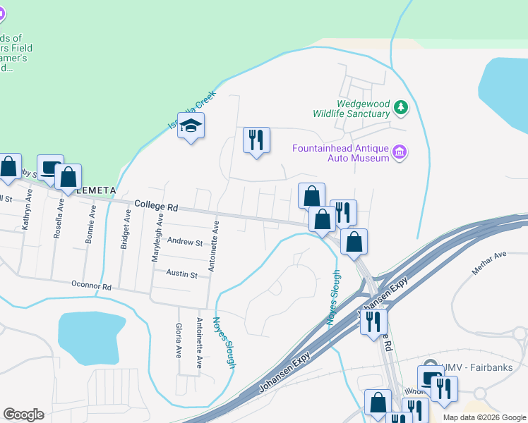 map of restaurants, bars, coffee shops, grocery stores, and more near 609 College Road in Fairbanks