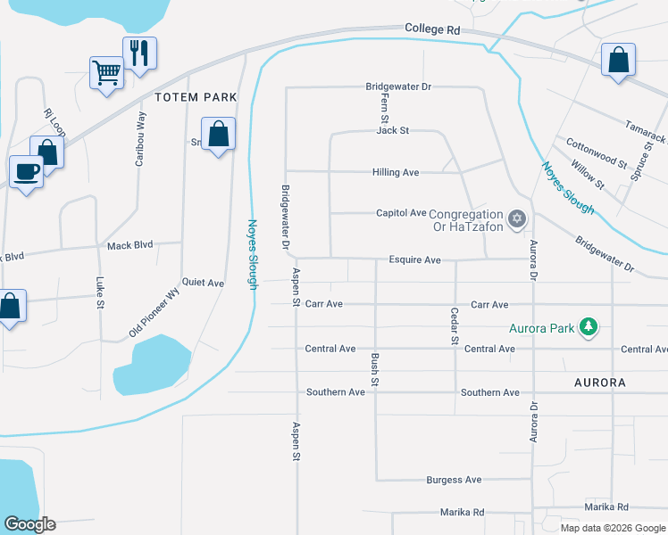 map of restaurants, bars, coffee shops, grocery stores, and more near 2246 Jack Street in Fairbanks